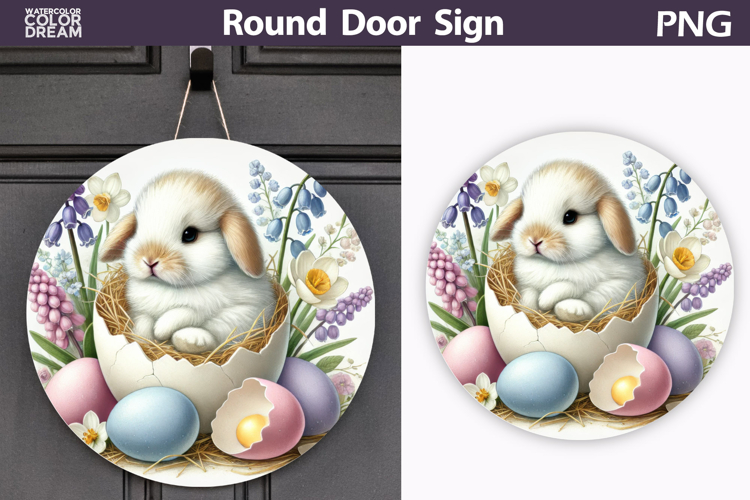 Easter Bunny Round Sign | Spring Door Hanger example image 1