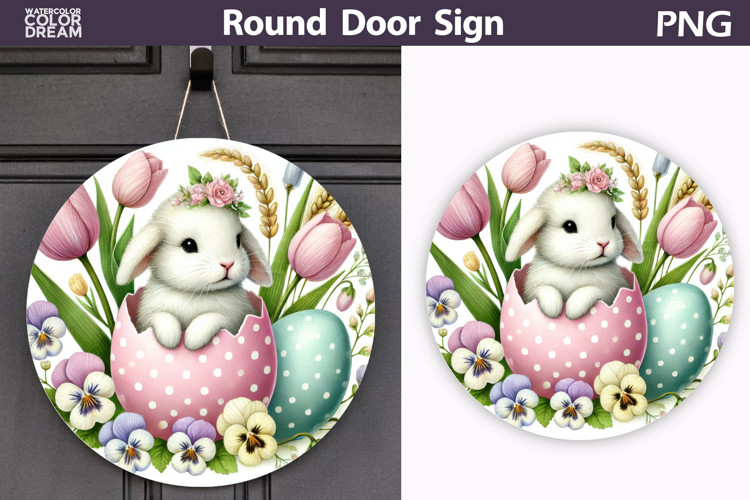 Easter Bunny Round Sign | Spring Door Hanger example image 1
