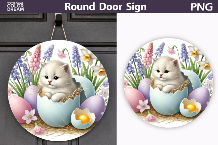 Easter Kitten Round Sign | Cat Spring Door Hanger