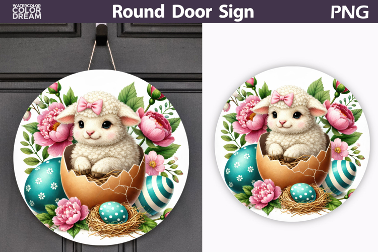 Easter Lamb Round Sign | Sheep Spring Door Hanger