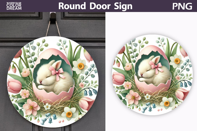 Easter Bunny Round Sign | Spring Door Hanger example image 1