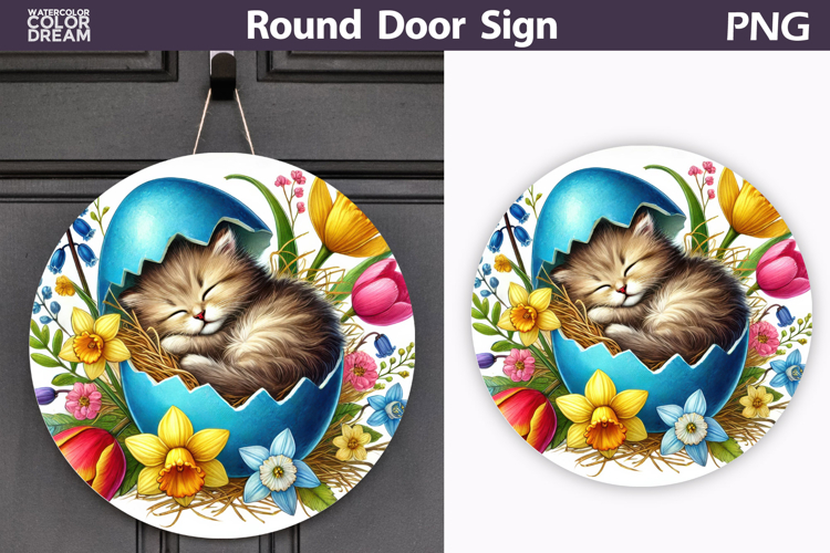 Easter Kitten Round Sign | Cat Spring Door Hanger