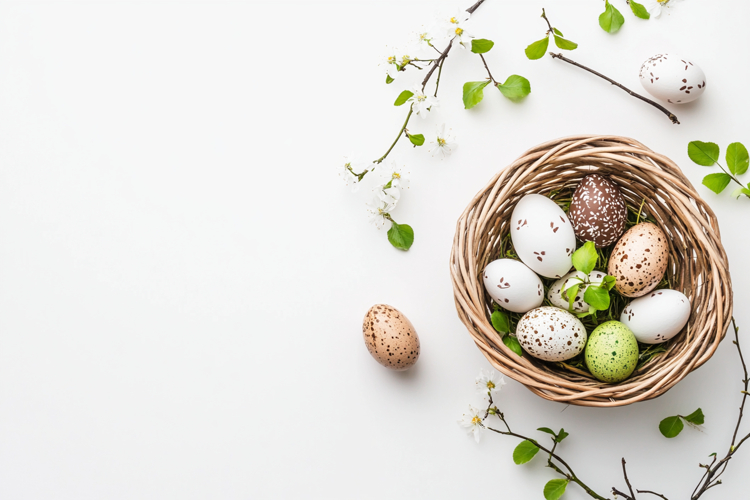 Easter Mockup with Copy Space and Basket with Decorated Eggs