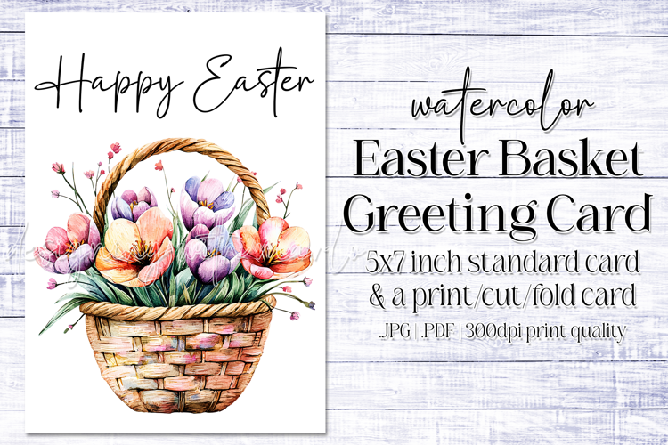 Happy Easter Card, Watercolor Easter Basket Card, c1