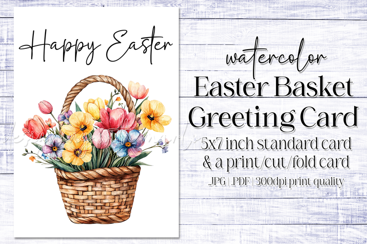 Happy Easter Card, Watercolor Easter Basket Card, c10