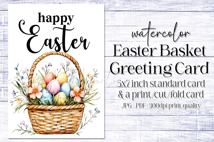 Happy Easter Card, Watercolor Easter Basket Card, c12