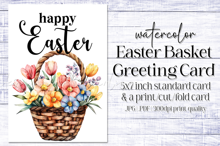 Happy Easter Card, Watercolor Easter Basket Card, c14