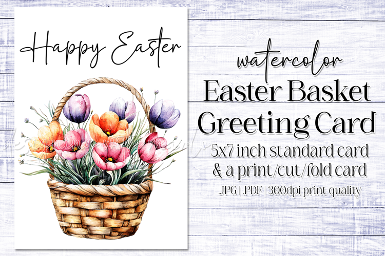 Happy Easter Card, Watercolor Easter Basket Card, c2