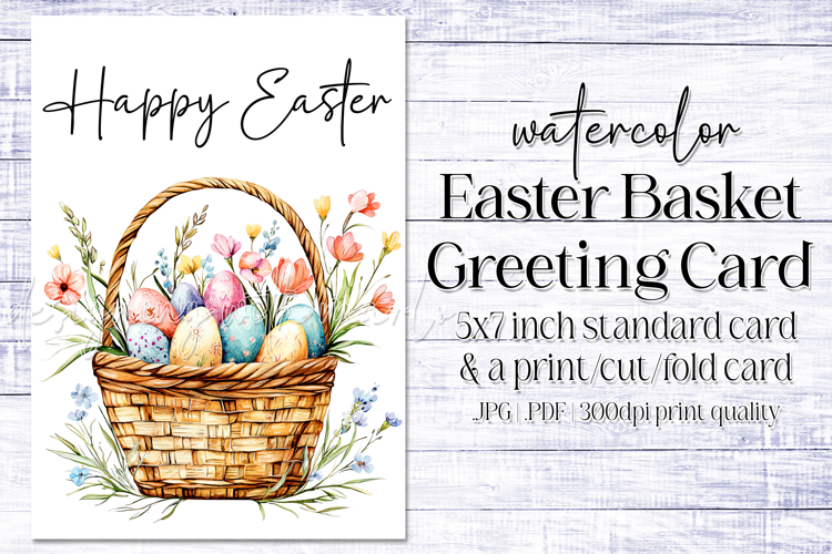 Happy Easter Card, Watercolor Easter Basket Card, c6