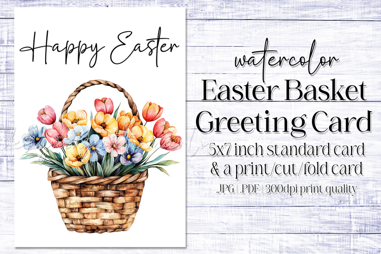 Happy Easter Card, Watercolor Easter Basket Card, c7