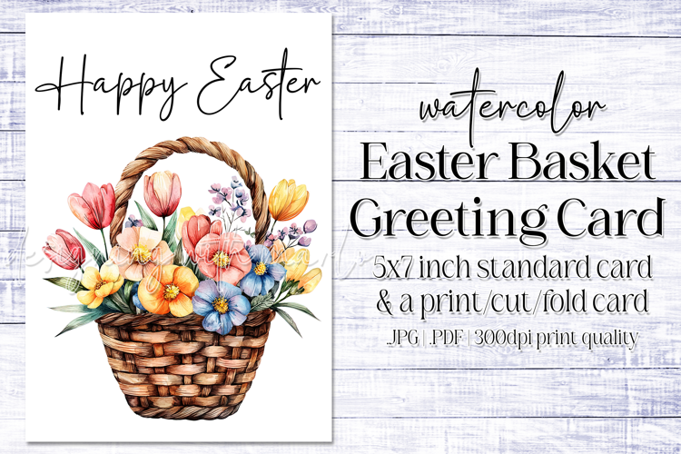 Happy Easter Card, Watercolor Easter Basket Card, c9