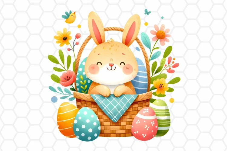 Easter Basket with Bunny Watercolor Clipart, Sublimation PNG