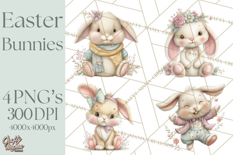 Easter Bunny Clipart PNG, Cute Bunny Characters, Pastel