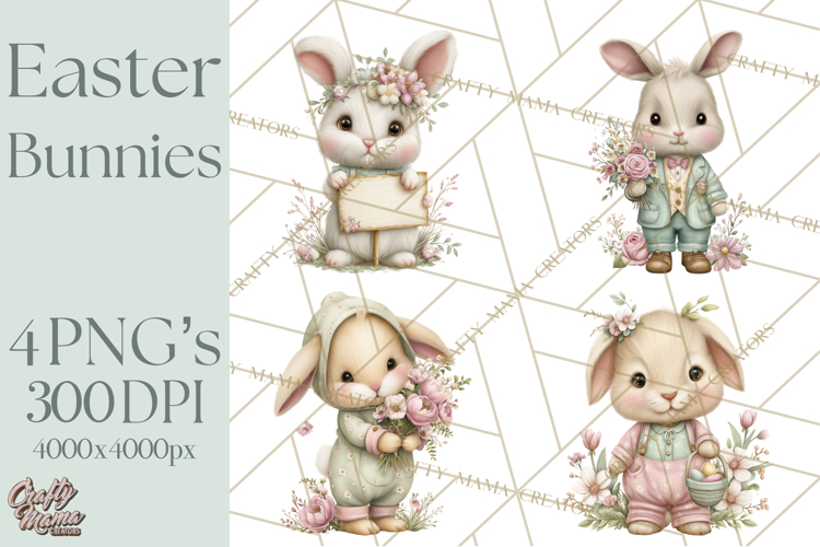 Easter Bunny Clipart PNG, Cute Bunny Characters, Pastel