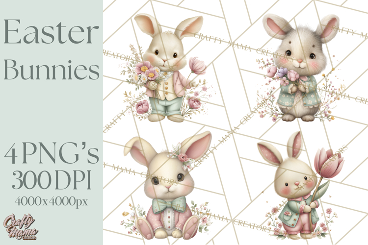 Easter Bunny Clipart PNG, Cute Bunny Characters, Pastel