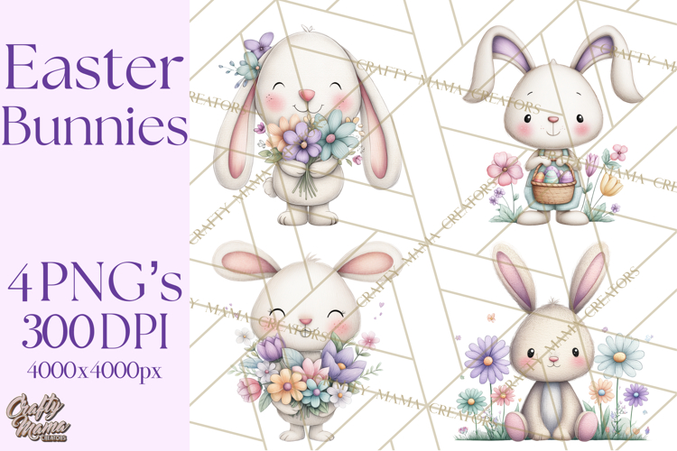 Floral Easter Bunnies Clipart, Cute and Elegant Bunny Easter