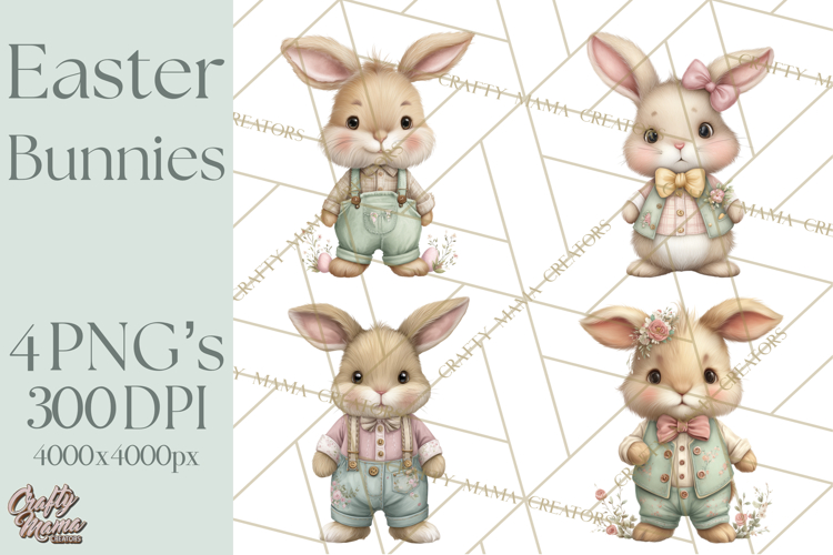 Easter Bunny Clipart PNG, Cute Bunny Characters, Pastel