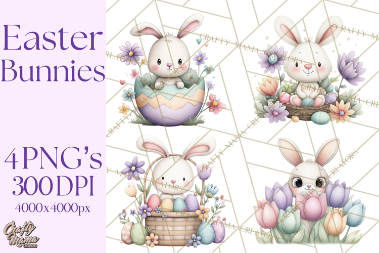 Floral Easter Bunnies Clipart, Cute and Elegant Bunny Easter