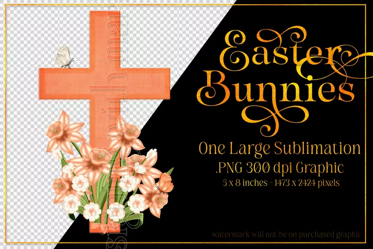 Easter Clipart, Orange Easter Cross with Flowers PNG, d2