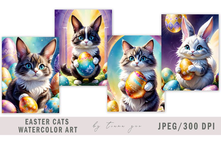 Cute watercolor Easter bunny cat illustration- 4 Jpeg example image 1