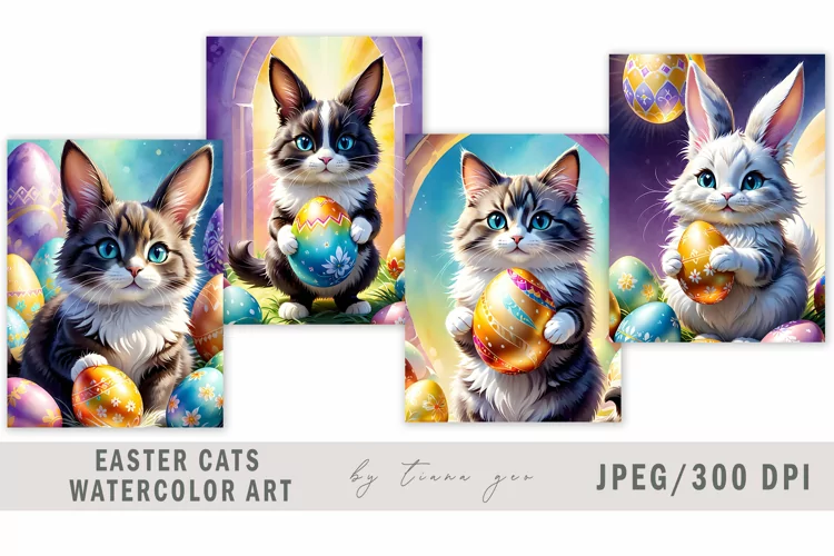 Cute watercolor Easter bunny cat illustration- 4 Jpeg
