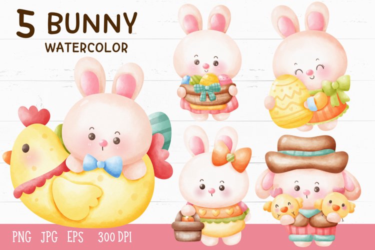 Easter watercolor Cute Bunny kawaii clipart farm animal pet example image 1