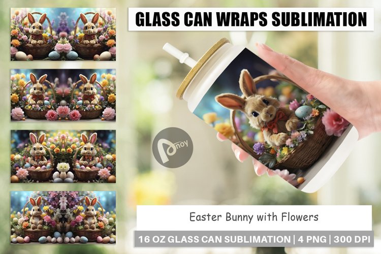 Glass Can Wraps Easter Bunny with Flowers