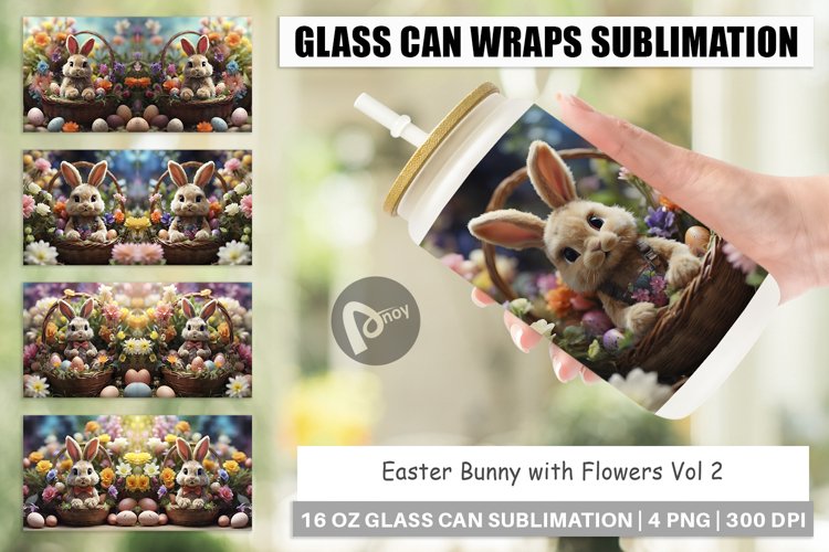 Glass Can Wraps Easter Bunny with Flowers