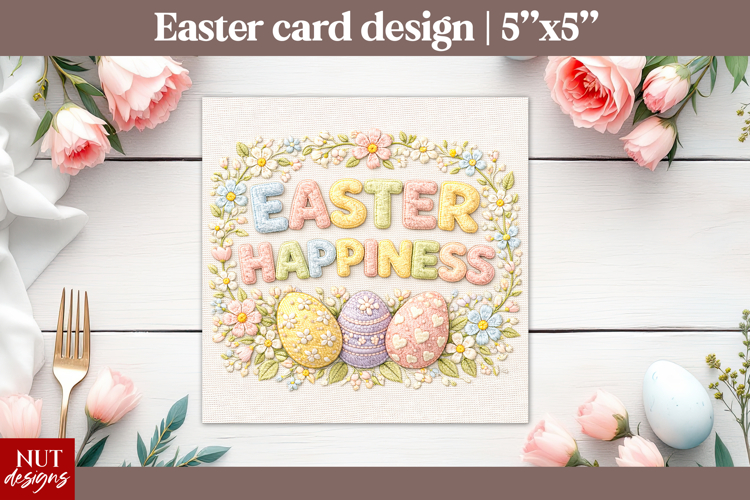 Easter happiness Card Cute Easter Card Faux embroidery