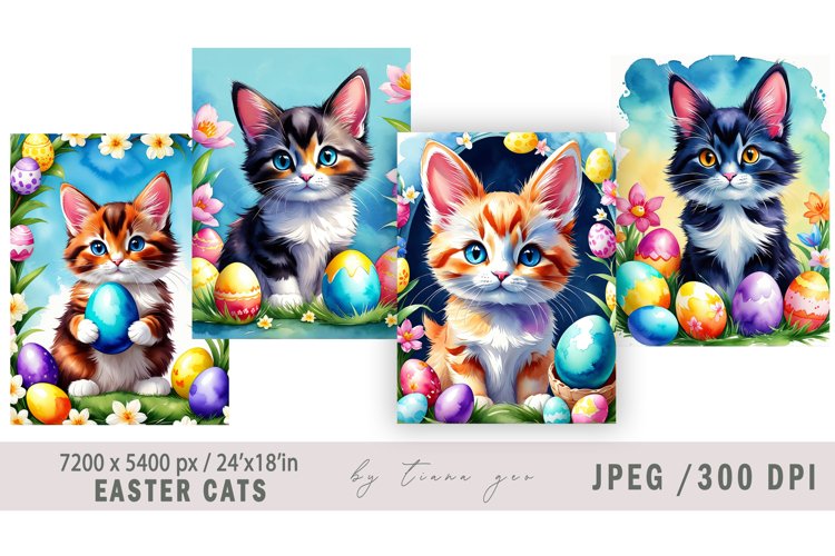 Cute watercolor Easter kitty illustrations - 4 Jpeg files