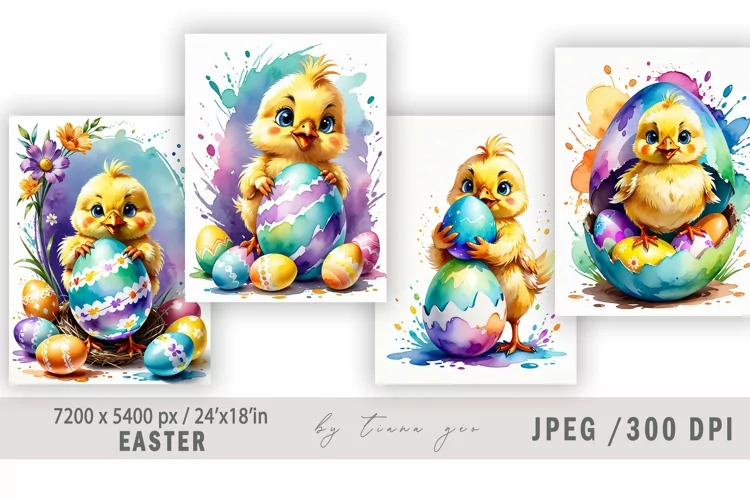 Cute watercolor Easter chick illustration- 4 Jpeg files