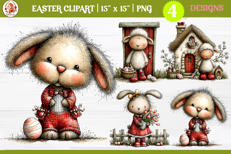 Easter Cute Whimsical Bunny and Farm Animals Clipart PNG