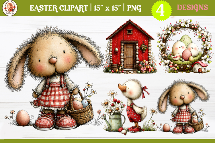 Easter Cute Whimsical Bunny and Farm Animals Clipart PNG