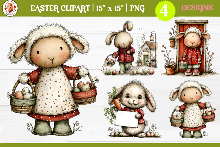 Easter Cute Whimsical Bunny and Farm Animals Clipart PNG