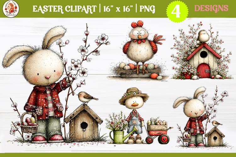 Easter Cute Whimsical Bunny and Farm Animals Clipart PNG