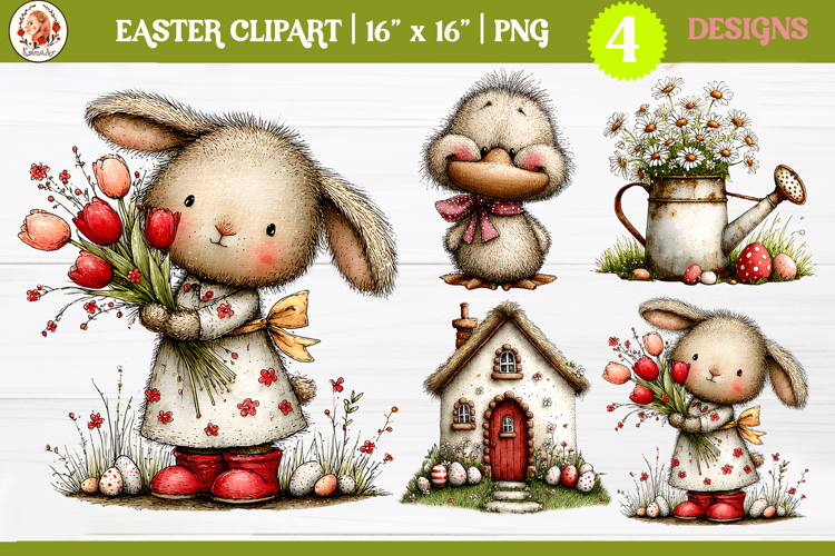 Easter Cute Whimsical Bunny and Farm Animals Clipart PNG