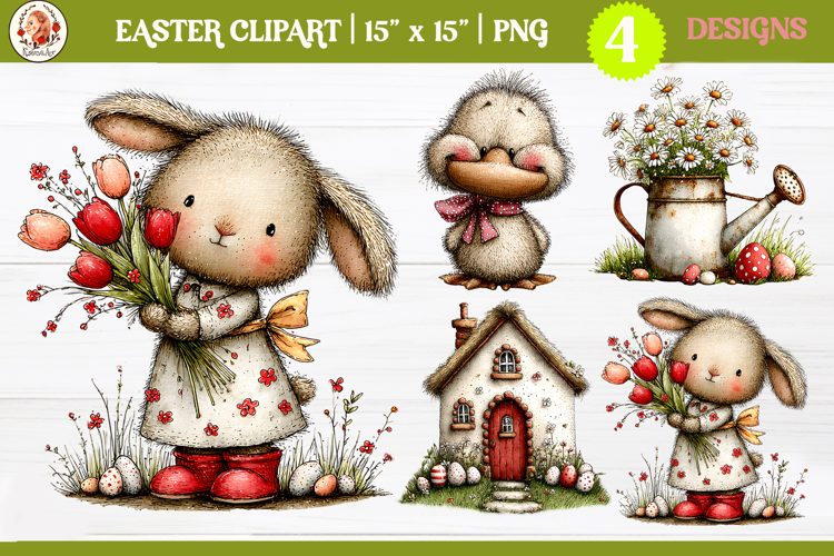 Easter Cute Whimsical Bunny and Farm Animals Clipart PNG