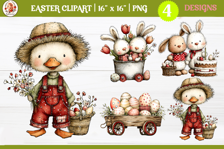 Easter Cute Whimsical Bunny and Farm Animals Clipart PNG