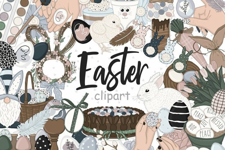 White easter bunny, easter gnome with bunny ears and beard, female hands paint easter eggs. Chicken, woven Easter wreath in the shape of a hare, decorated with flowers. Easter bunny garland. Bunny-shaped bucket filled with Easter eggs