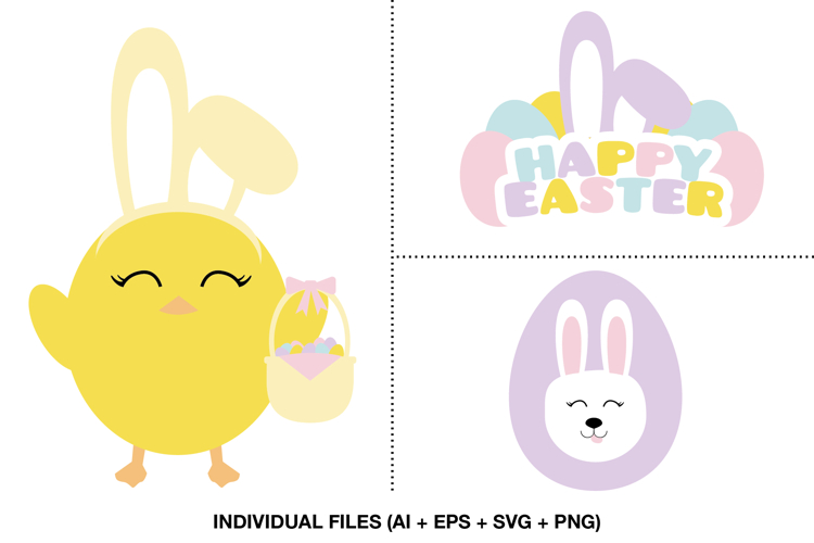 Easter Clipart, Cute Chick, Bunny and Eggs Png Illustrations
