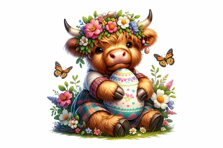 Cute Highland Cow Easter Clipart, Happy Easter PNG