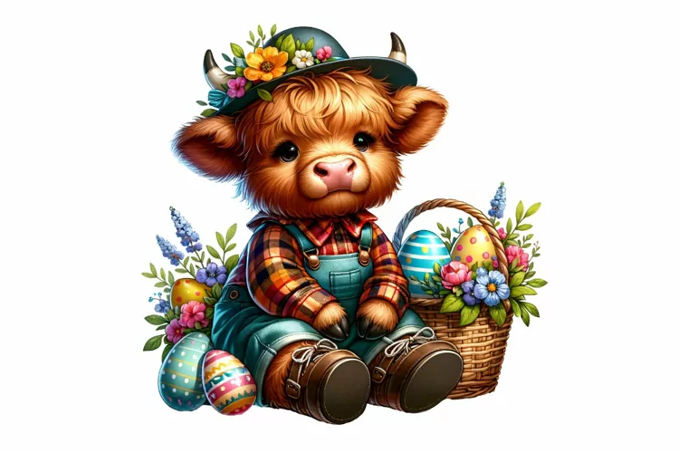 Cute Highland Cow Easter Clipart, Happy Easter Clipart