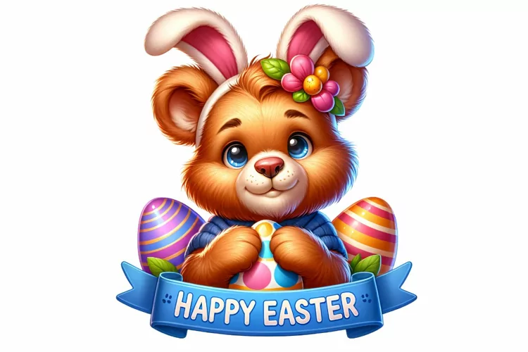 Cute Bear with Bunny Ears Easter Clipart, Happy Easter PNG