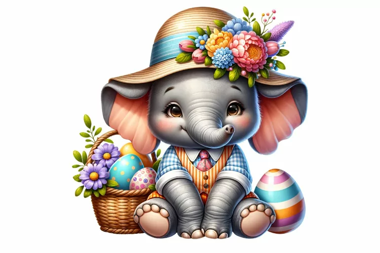 Cute Elephant Easter Clipart, Happy Easter Sublimation PNG