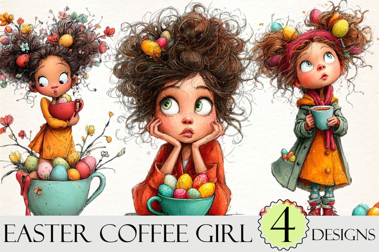 Whimsical Easter Coffee Girl Clipart