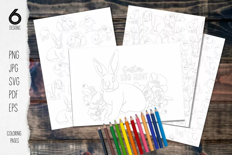 Easter adult cololring pages with bunny and chicken