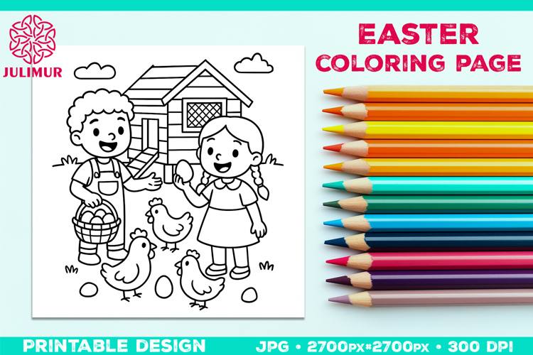 Easter Coloring Page for Kids with Farm Children