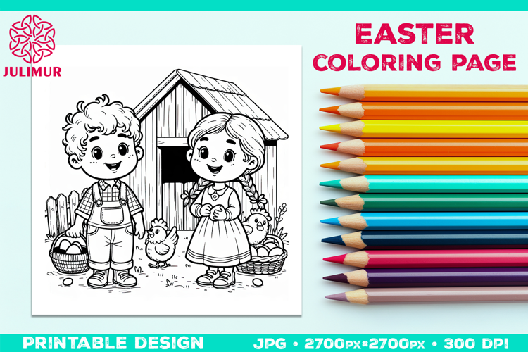 Easter Coloring Page for Kids with Farm Children