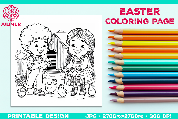 Easter Coloring Page for Kids with Farm Children