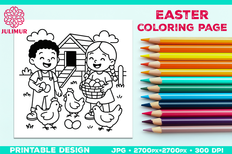 Easter Coloring Page for Kids with Farm Children